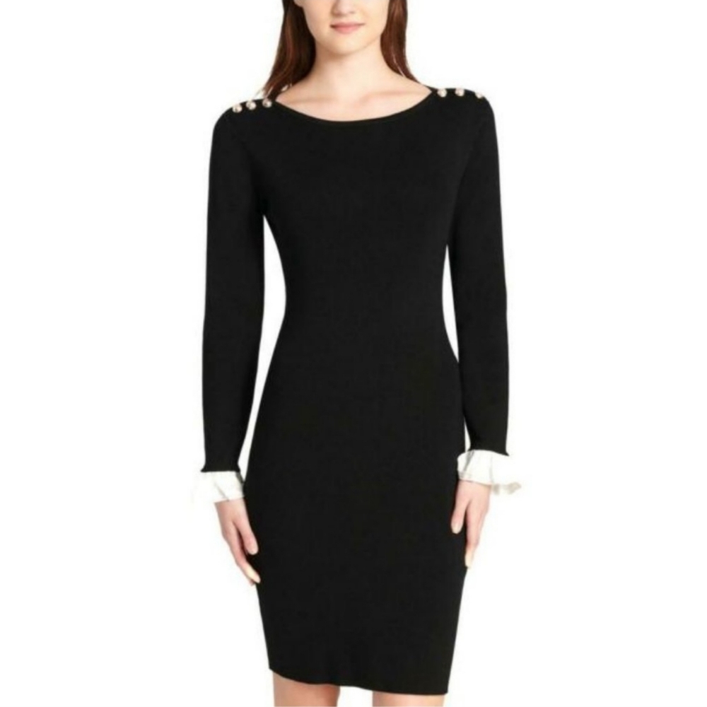 Tommy Hilfiger Knit Black Long Sleeve Dress White Ruffles - Women's Size Medium